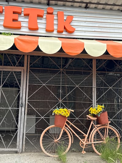 The image displays a decorated building facade, likely a storefront or entrance, under bright, even daylight.
On the left, a sign is mounted on a corrugated metal wall. It features large, three-dimensional orange letters spelling "FITK". Below the sign, an awning extends outwards, composed of alternating orange and cream-colored semi-circular fabric panels.
The right side of the image is dominated by an ornate metal grille or gate, covering what appears to be windows and a door. This grille features a geometric diamond pattern interspersed with decorative scrollwork and circles. A latch is visible on the lower section of the gate.
Mounted against the metal grille is a decorative, light-colored vintage-style bicycle, possibly painted rose gold or peach. The bicycle is adorned with two brown, woven baskets, one on the handlebars and another over the rear wheel. Both baskets are filled with artificial yellow flowers, resembling sunflowers or daisies.
To the far right, a concrete surface is visible, with green grass or weeds growing alongside it. No people are present in the scene.