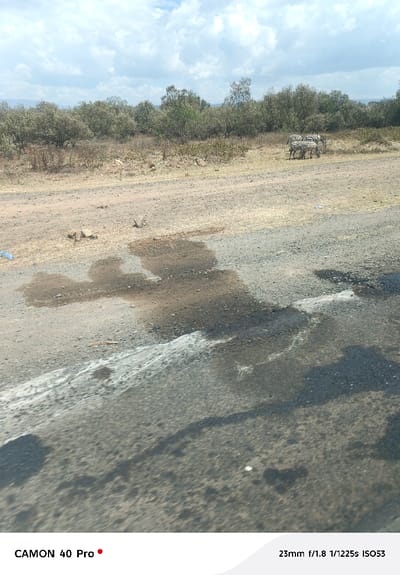 The image displays an outdoor scene in Mbaruk/Eburu ward, Kenya. In the foreground, a dark gray paved road surface exhibits irregular dark liquid patches and lighter gray streaks. Shadows are cast on the lower right section of this surface. Beyond the paved road, a lighter brown, unpaved dirt shoulder or track contains scattered small rocks and sparse dry vegetation. A light blue plastic item rests on the dirt near the left frame edge. In the midground, three zebras are present on the unpaved ground, appearing to graze. The background features a dense line of trees and shrubs with light green to brownish foliage under a partly cloudy sky with white cumulus clouds. Distant topographical features are faintly visible on the horizon. No human subjects are discernible.