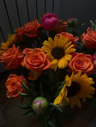 A close-up, overhead shot showcases a vibrant bouquet of flowers. The arrangement includes several peach-colored roses, their petals unfurling in intricate spirals. Two large sunflowers with bright yellow petals and dark centers are prominent, adding a cheerful contrast. Scattered among the roses are two pink peonies, one in full bloom and the other still a tightly closed bud. A single green bud with hints of pink is also visible, suggesting a budding flower. Lush green leaves fill the spaces between the blossoms.
The bouquet is set against a dark background, with hints of a wooden surface and blinds visible on the left side. The lighting is dramatic, with some areas brightly illuminated and others cast in deep shadow, suggesting either early morning or late evening light. No people are present, and the activity taking place is simply the display of the flowers. There is no visible text in the image. The overall mood is one of natural beauty and rustic elegance.