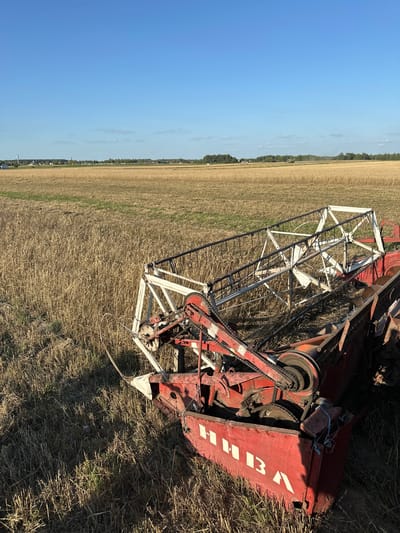 In the city of Rozhyshche, Ukraine, a red combine harvester sits idle in a harvested field of golden wheat. The machine's cutting head is tilted downwards, resting on the stubble. The sun casts long shadows across the field, and the sky above is a clear, bright blue. In the distance, a line of trees marks the horizon, with a few buildings visible peeking through them. The scene conveys a sense of quiet post-harvest activity, with the combine awaiting its next task. The label "НIВА" is visible on the side of the combine.