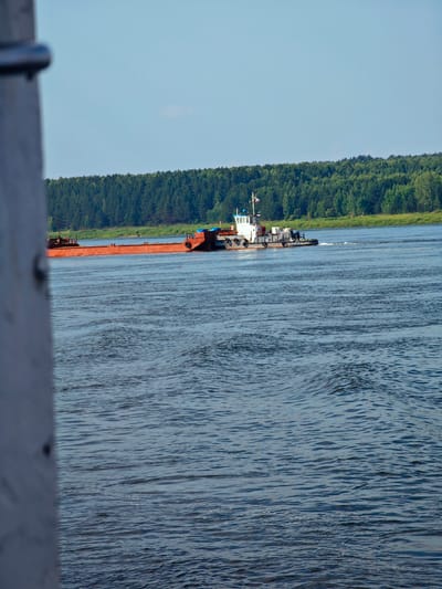 In Verkhnepashino, Russia, a tugboat is seen pulling a long, orange barge across a wide, blue river. The river's surface is rippled, suggesting movement or a light breeze. The far bank of the river is lined with a dense, green forest. The sky is clear and blue with a few faint clouds. The foreground is partially obscured by a blurred, gray structure, possibly a railing or part of a boat. The tugboat is white with a blue cabin and has a Russian flag at its stern. The barge appears to be empty. The scene depicts a calm day on the river, with industrial transport taking place against a natural backdrop.