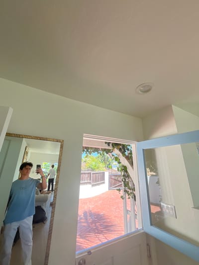 The image depicts an indoor scene within a building in Summerland, United States, featuring a large mirror on the left and an open doorway leading to an exterior area on the right.
In the left foreground, a male subject is visible from mid-thigh up, reflected in a large, floor-length mirror with an ornate gold-colored frame. He possesses dark, wavy hair and is wearing a light blue and white ombre short-sleeved shirt with white pants. He holds a dark-colored smartphone in his right hand, positioned to capture his reflection, indicating a selfie action. Behind him in the mirror's reflection, a second male subject is partially visible from the back, wearing a white t-shirt and dark pants, standing further inside the dwelling near a doorway. A light-colored sofa/lounge chair and a dark backpack are also visible in the mirror's reflection.
To the right, an open, white-painted wooden door reveals an exterior paved area. The outdoor space features a red brick or paver patio, with pronounced shadows cast by overhead structures or foliage, indicating bright sunlight. A dark wooden fence and a matching gate enclose the area. Beyond the fence, lush green vegetation, including palm trees and other foliage, is visible under a clear blue sky. A vine with green leaves descends from an overhead pergola or trellis structure near the doorway.
The interior walls are painted a light cream or off-white color. The ceiling, also light-colored and textured, contains one white circular recessed light fixture in the upper right quadrant of the image. The glass panel of the open exterior door reflects an interior wall with a light switch panel.