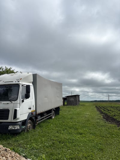 A white truck with a grey canvas-covered cargo box is parked on a grassy field in Ильпанур, Russia. To the right of the truck is a small, dilapidated wooden structure. Beyond the structure, a cultivated field is visible, with rows of plants and tilled soil. The background consists of a treeline and a cloudy sky. The image appears to be taken outdoors during the daytime.