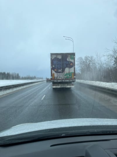 This image presents a forensic view from inside a vehicle traveling on a wet highway in Belyi Rast, Russia, under an overcast sky. Directly ahead, a semi-trailer truck occupies the right lane, its rear displaying a brown and white livery with a blue graphic containing the Russian text "МОЛОЧНАЯ РЕЧКА" (Molochnaya Rechka - Milk River) and stylized cows and milk cartons. Water spray from the truck's wheels is visible. Further ahead in the same lane, a red vehicle can be discerned. The asphalt road surface is wet, reflecting the dull sky, and features faint white dashed lane markings. Snow covers the shoulders and the median strip to the left. Bare trees line both sides of the highway, indicating a winter or early spring season. A street light fixture with two lamps is positioned overhead on the right side of the road, extending over the highway. No people are explicitly visible outside of the vehicles.