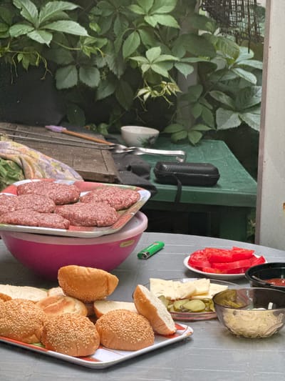 The image depicts an outdoor scene, possibly a backyard barbecue, with various food items arranged on a grey, textured table. In the foreground, a tray holds several hamburger buns, some sprinkled with sesame seeds. To the right of the buns, a plate contains sliced tomatoes, and next to it, a small bowl holds sliced pickles and cheese. Further to the right, a black bowl contains a red condiment, likely ketchup, and another bowl contains what appears to be shredded cabbage or coleslaw. A bright green lighter rests on the table near the plate of tomatoes. In the background, a pink bowl is visible, holding numerous uncooked hamburger patties. Behind the food, a wooden plank lies on a green surface, with some gardening tools and a patterned cloth. Lush green foliage hangs in the upper portion of the image. The overall setting suggests a casual meal preparation. The location is identified as Pribrezhnyi, Russia.
