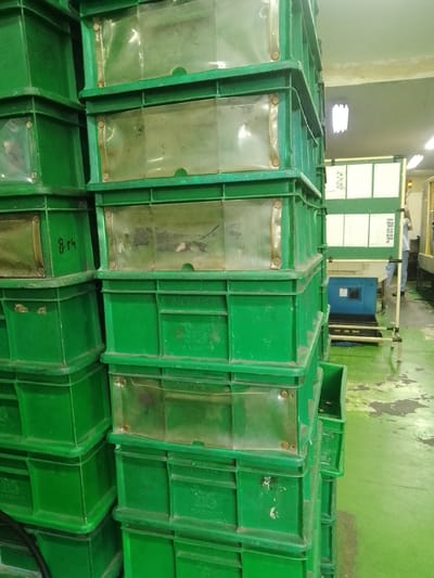 In a factory setting in Cikande, Indonesia, a stack of green plastic crates is the primary focus. The crates are various sizes and are stacked haphazardly in several columns, with some empty and others appearing to contain items. Some crates have clear plastic covers, and one crate on the left has the handwritten number "8.54" in black ink. In the background, a blue electrical box is visible, and a person in a light blue uniform is standing near a green wall with white signage. The floor is a light green, and there are water stains on the ground in some areas. The overall impression is one of an industrial or storage environment.