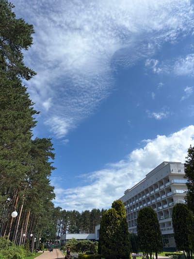 The image depicts a resort-like setting in the vicinity of Мядзельскі сельскі Савет, Belarus. In the foreground, a pathway paved with red bricks leads through a manicured landscape featuring rows of tall, mature pine trees lining the left side of the path. Ornamental streetlights with white spherical lamps are spaced along this side. To the right of the pathway, a large, multi-story modern building with a light-colored facade and numerous balconies with glass railings is visible. The building appears to be a hotel or resort. Several evergreen trees, possibly cypress or juniper, are planted in front of the building. The background is dominated by a bright blue sky with scattered white clouds, some appearing wispy and others more voluminous. A dense forest of pine trees forms the backdrop behind the pathway and to the left of the building. The overall scene suggests a tranquil, natural environment combined with modern accommodation, likely a tourist or recreational area. There are a few individuals visible in the mid-ground, walking along the path, and some sort of wheeled vehicle also on the path.
