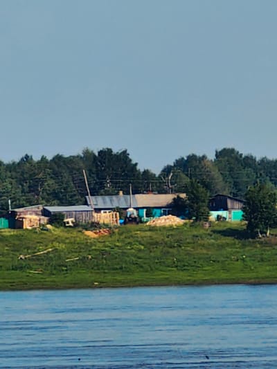 The image shows a cluster of buildings situated on a grassy embankment overlooking a body of water. The buildings appear to be rustic in design, with some constructed from wood and others with painted facades in shades of blue and teal. There are various outbuildings and piles of material, suggesting a rural or semi-industrial setting. A blue tractor is visible near one of the buildings. Behind the structures, a dense line of trees forms a backdrop. The sky is a clear, light blue. The water in the foreground is a deep blue, with subtle ripples on its surface. The overall scene depicts a tranquil, sunlit day in a rural environment. The location is identified as the village of Potapovo, Russia.