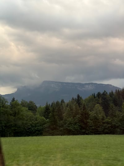 The image depicts a wide, overcast landscape. In the foreground, a green, blurry field stretches across the bottom of the frame. Behind the field, a dense line of dark green trees forms a horizontal band. The trees vary in height and density, with some appearing as tall, slender evergreens and others as broader deciduous trees.

Beyond the treeline, a mountain range rises, its peaks shrouded in a layer of dark, heavy clouds. The mountains themselves are a muted grey, with visible geological features on their exposed surfaces, suggesting rocky, uneven terrain. The sky is filled with thick, grey clouds, obscuring any direct sunlight and creating a diffused, somber atmosphere. There are no people or any discernible man-made structures visible in the image. The scene appears to be a natural, rural environment, likely in a mountainous region.