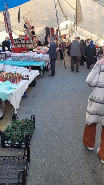 The image shows a marketplace in Beylikdüzü, Turkey. There are people browsing at stalls with various goods. The area is covered by white canopies. Some vendors are visible near their stalls, and shoppers are walking through the market. A person wearing brown pants and a grey and white plaid shirt is walking towards the right side of the image, and another person in a suit is browsing at a stall with clothes and other items. There are plants in black crates.