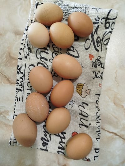 A close-up, top-down shot features a collection of brown eggs arranged on a patterned fabric, possibly a tea towel. The fabric displays black script text and a small illustration of a cupcake. The eggs vary slightly in shade and some have small speckles. The background is a speckled, light-brown countertop with a marble-like pattern. There are no people or animals visible. The scene appears to be indoors, in a domestic setting, likely a kitchen. There is no information in the image to suggest it is located in Кузьмичи, Russia.