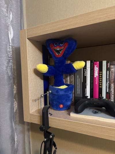 A blue plush toy with yellow accents, resembling a monster with sharp teeth and a wide smile, sits in a blue pot on a wooden shelf. The toy has a red musical note symbol on its pot. Behind the toy, a row of books is visible on the shelf, some with text in Russian. A black video game controller rests on a book in front of the row of books. To the left of the shelf, a sheer, silver-grey curtain is visible. A black clamp-like object is attached to the shelf in front of the toy. This scene is indoors, likely in a residential setting. The provided crops do not contain information to ascertain the specific location of Otradnoye, Russia.