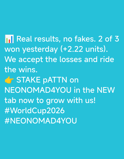 This image contains text overlaid on a solid teal background. The text appears to be a promotional message, possibly for a sports betting or financial investment group. It reads: "Real results, no fakes. 2 of 3 won yesterday (+2.22 units). We accept the losses and ride the wins. STAKE pATTN on NEONOMAD4YOU in the NEW tab now to grow with us! #WorldCup2026 #NEONOMAD4YOU". There is no discernible location in the city of Aê Thi, Vietnam, present in the image.