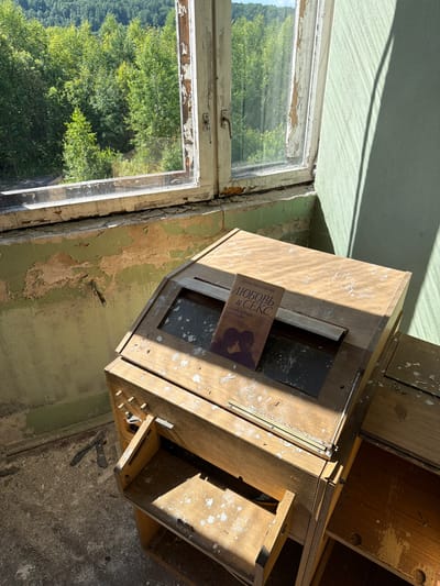 The image shows a derelict room with a large window overlooking a lush green forest. Sunlight streams through the window, casting diagonal shadows across the room and illuminating dust motes in the air. In the foreground, a wooden desk or cabinet sits under the window. A book with a dark cover featuring two silhouetted figures is placed on top of the cabinet. The walls of the room are peeling and stained, suggesting a state of disrepair. The floor is covered in debris, and the window frame is weathered and cracked. The scene appears to be an abandoned interior space, possibly in the city of Nikolsky, Russia, given the context of the prompt.