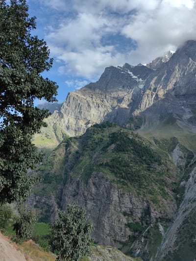 The image depicts a rugged mountain landscape with a prominent rocky peak dominating the background under a partly cloudy sky. In the foreground, a large tree with dark green foliage is partially visible on the left, with its branches extending into the frame. The mountains are characterized by steep, textured rock faces, with patches of snow on the higher elevations and a mixture of green vegetation and barren rock on the slopes. A narrow, winding path or road is visible on the lower left side of the image, leading into the mountainous terrain. The scene appears to be located in a remote, mountainous region. Based on the context provided, this scene is located in Tiling, India.