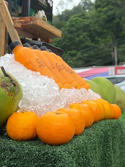 This media file captures a close-up view of a roadside stall in Tambon Wang Prachan, Thailand, likely a fruit stand. The primary subjects are rows of oranges, some whole and others appearing to be juiced and bottled. Several orange-colored plastic bottles, filled with what appears to be orange juice, are arranged in ice. A whole green coconut is also visible at the bottom, nestled amongst the ice and bottles. The background shows lush green foliage, suggesting an outdoor setting, possibly under a tree canopy or near a garden. The overall impression is one of freshness and readiness for sale. The lighting suggests it could be daytime, with possibly overcast skies due to the diffused light and the slightly muted colors. There is no visible human activity, focusing solely on the products offered. Some faint text is visible on the bottles, but it is too blurred to be legible. The scene is likely a common sight in a tropical location, highlighting the availability of fresh fruit and juices.