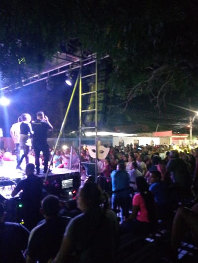 A nighttime outdoor concert scene unfolds. A stage is illuminated by bright lights with performers visible on it. A ladder stands to the right of the stage. A large crowd of people faces the stage, with some holding up phones. A large, white mask stands in the middle of the crowd. Street lights are visible in the background. The image has a grainy quality, and the foreground is dark.