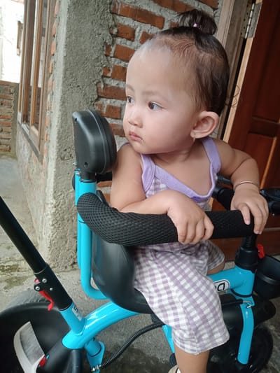 A toddler sits on a bright blue tricycle in Bungur, Indonesia. The child is wearing a lavender and white checkered dress and a lavender tank top. The toddler's hair is pulled up into a small bun. The tricycle has a black padded handlebar and a black backrest. The background shows a brick building and a wooden window frame.