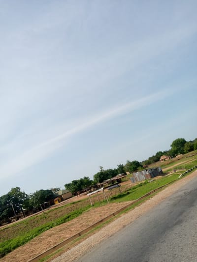 The image depicts a rural scene in Senti, Nigeria, characterized by a road running diagonally from the bottom right towards the top left. The road is paved and has a gravel shoulder bordered by a concrete curb. Beyond the curb, there is an area of dry, brown earth transitioning into patches of green grass and vegetation. Further into the landscape, several structures are visible. These include buildings with corrugated metal roofs and what appear to be traditional dwellings with thatched or tin roofs. Trees and foliage are scattered throughout the scene, indicating a green environment. A single person, appearing as a small figure in the distance, is walking on the grassy area between the road and the buildings. The sky above is a pale blue with wispy white clouds. The overall impression is that of a tranquil, sunlit day in a developing rural area.