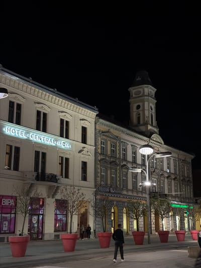 Captured at night, the image features the Hotel Central in Osijek, Croatia. The building, distinguished by its tower and ornate facade, is prominently lit with the vertical "HOTEL CENTRAL 1889" sign. A passerby walks along the sidewalk with red planters. The environment is nocturnal.