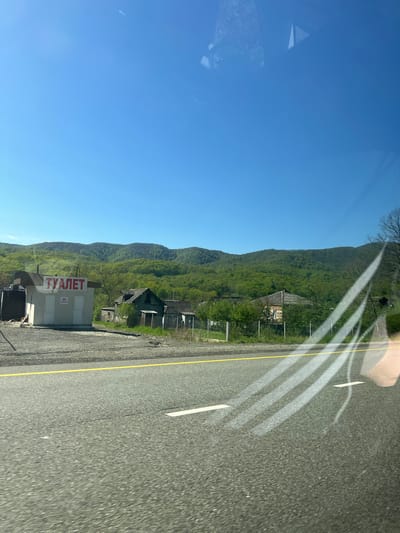 The image depicts a rural roadside scene in Moldavanovka, Russia, captured from the perspective of a passenger in a moving vehicle. A paved asphalt road, marked with a solid yellow line on its right edge and white dashed lines further into the lane, dominates the right side and foreground of the frame. Reflections from the vehicle's interior, including parts of a steering wheel and light streaks, are visible on what appears to be a car window.

On the left side of the road, a small, light-colored building stands out with a prominent red sign. The sign displays the Cyrillic word "ТУАЛЕТ" (TOILET) in large red letters, with "50 рублей" (50 rubles) written beneath it, indicating a paid public restroom. Beyond this building, the landscape is characterized by rolling mountains covered in dense, lush green foliage, suggesting a forested environment during spring or early summer. Scattered among the trees on the lower slopes are several older, rustic wooden buildings. The sky above is a clear, brilliant blue, indicating bright, sunny weather during daytime.