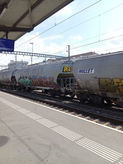 The image shows a train with graffiti on its carriages at the Zofingen train station in Zofingen, Switzerland. The train is composed of cylindrical, grey hopper wagons. The graffiti is colorful and covers a significant portion of the wagons' sides. In the foreground, there is a platform with tactile paving, indicating a pedestrian area. The background shows buildings and overhead power lines for the train. The sky is partly cloudy.