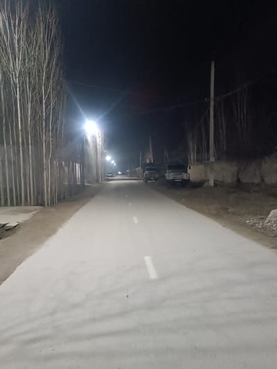 The image captures a nighttime view of a quiet, paved road illuminated by streetlights. The scene is likely rural or semi-rural, characterized by the presence of bare trees and utility poles.

The road, which appears to be recently paved or very clean, stretches into the distance, with a dashed white line marking its center. Its surface is light grey or white, reflecting some of the artificial light. On the left side of the road, a dense line of tall, slender, deciduous trees, stripped of their leaves, stand like sentinels, suggesting a winter or late autumn setting. A very bright streetlight, positioned further down this line of trees, creates a strong lens flare in the upper left portion of the image, casting a significant amount of light onto the road and the surrounding area. Other streetlights are visible further down the road, creating pools of illumination.

On the right side of the road, there is a dirt or gravel shoulder, beyond which stand a utility pole and a low, rugged wall or embankment. Further down this right side, partially obscured by shadows and distance, are at least two parked vehicles, which appear to be older model trucks. One of these trucks is dark green or olive, resembling a military-style vehicle. Another, lighter-colored truck is parked adjacent to it. Beyond these vehicles, more bare trees are visible against the dark night sky.

The sky itself is black and devoid of any visible stars or clouds. The overall lighting scheme is entirely artificial, creating stark contrasts between the brightly lit road and the deep shadows elsewhere. There is no visible activity or people in the image, contributing to a sense of stillness and solitude. No text is visible in the image.