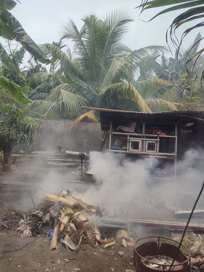 An outdoor scene in Gampongjawa, Indonesia, depicts a substantial pile of burning organic matter and refuse, emitting a large volume of white and grey smoke that permeates the mid-ground and drifts upwards. The burning pile, composed of dried banana leaves, stalks, and various discarded items including a blue plastic container, is situated on dirt ground in the foreground. To the right, a rusty metal barrel or container, also containing some debris, is visible.
In the middle ground, behind the smoke, a rudimentary shed or shelter with a corrugated iron roof stands. Inside, shelves or cages are visible, holding items such as plastic crates and baskets. A wooden ladder leans against the shelter's side. To the left of the burning pile, a black standing fan is positioned on the ground. Further left, a small tree with green foliage (possibly a mango tree) stands in front of a grey concrete wall.
The background is dominated by dense, lush tropical vegetation, including numerous tall coconut palm trees with their distinctive fronds and broad banana leaves. The sky above is overcast, contributing to the diffused lighting and hazy atmosphere, exacerbated by the smoke. No people or discernible text are visible in the image. The scene captures a moment of outdoor waste disposal in a tropical, likely semi-rural or residential setting.