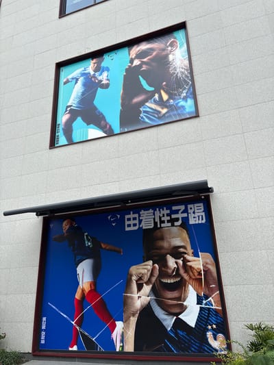 The image shows two large posters of soccer players displayed on the exterior of a modern building with a light-colored, textured facade. The posters appear to be advertisements. The upper poster features a close-up of a player's face and upper body, with a portion of another player's arm visible on the right. The lower poster is larger and shows two images of a soccer player in a blue jersey, white shorts, and red socks. The player is shown in action on the left, and a close-up of his face, with his hands pulling at his eyes, is on the right. Both posters have a cracked or shattered effect overlaying the images. Vertical text in what appears to be Chinese characters is visible on the left side of both posters. A black retractable awning is positioned above the lower poster. Green foliage is visible at the bottom right of the image. The scene is located in Qingpu District, China.