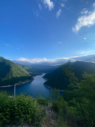 This media file captures a panoramic view of a vast natural landscape in Plužine, Montenegro, likely depicting Piva Lake and its surrounding canyons. The image is taken from an elevated perspective, looking down over the scene.
The dominant feature is a bright blue sky, clear with scattered white cumulus clouds. A thin, white contrail from an airplane is visible in the upper left portion of the sky, stretching diagonally across the frame.
Below the sky, rolling mountains covered in dense, lush green forest dominate the mid-ground and background. The contours of the mountains are rugged, with some areas appearing darker due to shadows or distance, indicating varied terrain.
Winding through these mountains is a deep blue, almost turquoise, body of water – a lake or a wide river. Its serpentine shape carves through the landscape, with several peninsulas and islands formed by the surrounding terrain. In the lower right of the frame, a long, white bridge spans a narrower section of this water body, connecting two landmasses.
In the immediate foreground, dense green foliage, including trees and bushes, frames the bottom and right edges of the image, suggesting the viewpoint is from a vegetated overlook or cliffside. Small stones and earth are also visible on the ground level in the foreground.
The overall impression is one of natural grandeur and tranquility. The scene is brightly lit by daylight, indicating a clear, sunny day, likely morning or afternoon given the illumination. There are no people or visible text in the image.