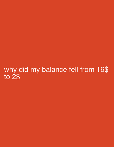 The image displays a bright orange background with white text. The text reads "why did my balance fell from 16$ to 2$". There is no discernible location in the city of Lur, Sweden, nor are there any people, subjects, objects, or actions depicted beyond the text itself. The environment is a plain, uniform orange.