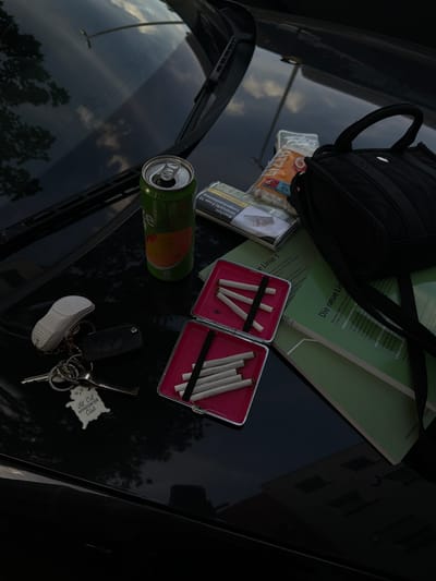 This is a high-angle, dimly lit photograph taken outdoors, likely on a car hood. The scene is cluttered with various objects. In the upper left, a black backpack is visible. To its right are several green booklets, one of which has the title "Die neue Linie 1" printed on it. Below the booklets, a pack of cigarettes is placed, with a health warning visible on its side. A cigarette case filled with hand-rolled cigarettes lies to the right of the cigarette pack. In the lower left, a green and orange can is positioned. In the lower right, a set of car keys with a white shoe keychain and a "Fat Cat Appreciation Club" tag are present. The overall mood is somber due to the low light and the presence of cigarettes and alcohol. Reflections on the glossy surface suggest it might be a car, and the presence of clouds in the reflection indicates an outdoor setting, possibly during the day given the ambient light, but the specific time is difficult to determine. The text visible on the cigarette pack and booklets is in German, and the location context is Herford, Germany.