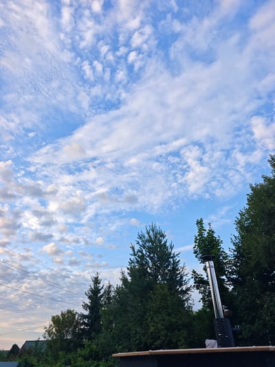 The image shows a cloudy sky with a view of trees and a chimney. The scene appears to be in an outdoor setting, possibly a backyard or a rural area. The trees are lush and green, and the clouds are white and scattered across the blue sky. The chimney is made of metal and is tall and slender. There is also a glimpse of a roof and some power lines in the background, suggesting proximity to a residential area. The overall atmosphere is serene and natural.