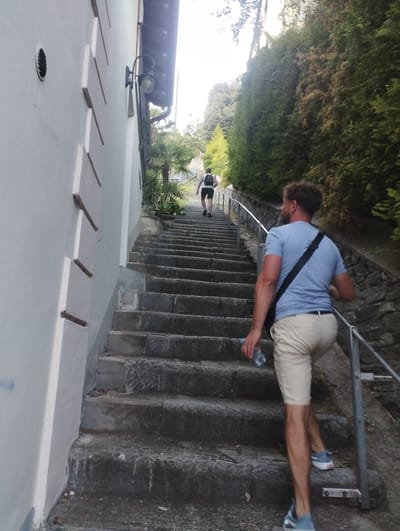 In Muralto, Switzerland, two individuals ascend a stone staircase lined with dense greenery on the right and a white wall with decorative elements on the left. The first person, further up the stairs, is seen from the back wearing a black t-shirt, black shorts, and a black backpack. Closer to the viewer, a second person, facing away, wears a light blue t-shirt, beige shorts, and blue sneakers. They carry a black crossbody bag and a clear plastic bottle in their right hand. A metal railing runs alongside the stairs. The lighting suggests it is daytime, with sunlight filtering through the foliage.