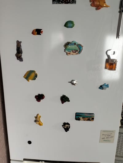 The image shows a close-up, eye-level, interior shot of a white refrigerator door adorned with various magnets. The magnets depict a variety of objects including a stylized orange and black fish, a green fish, a rabbit figurine, a yellow and blue fish, a cluster of red berries, a bunch of green grapes, a half-peeled banana, a silver fish, a blue fish, a magnet with a beach scene and a dolphin, a beer mug magnet, and a postcard magnet for Mallorca. There is also a handwritten note on a small piece of paper with contact information for "Farmacia mea" and a name, Felicia. The refrigerator door also has a visible screw head near the bottom center. The overall environment appears to be a home kitchen. There are no people or animals in the image. The location of Șoldănești, Moldova is not visible or implied in this image.