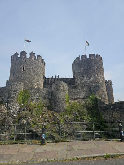The image shows a low-angle view of Conwy Castle in Llandudno Junction, United Kingdom, taken on a clear day. The castle, made of stone, features multiple towers, each topped with crenellations. A Welsh flag flies from the top of two of the towers. A metal railing runs along a path adjacent to the castle walls, with markers labeled "24" affixed to the posts. Some vegetation, including small plants and moss, grows on the stone walls and the area adjacent to the path. Several people are visible atop one of the connected towers. The pavement alongside the railing is made of brown bricks or stones, with grass visible at the very edge of the frame.