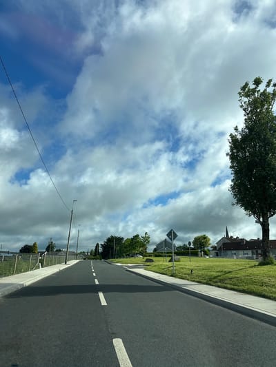 The image depicts a straight, paved road in Rathvilly, Ireland, with white dashed lines marking the center. The road is bordered by a light gray sidewalk and a grassy verge on the right, which slopes upwards towards houses and trees. On the left, a metal fence separates the sidewalk from a grassy area. A single utility pole with wires runs diagonally across the upper left portion of the frame. The sky is a mix of blue sky and large, white, cumulus clouds. A tall, leafy tree stands prominently on the right side of the image. In the background, several houses with tiled roofs are visible, along with the spire of a church. The scene appears to be captured during the daytime, possibly in the late afternoon given the shadows.