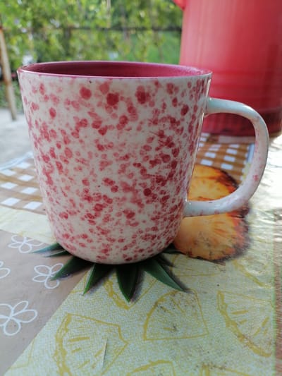 A close-up, eye-level shot features a speckled ceramic mug with a white base and red speckles, positioned on a table outdoors. The mug has a bright pink rim and a white handle. It rests on a placemat with a checkered pattern and a floral design. Behind the mug, a large red pitcher is visible. The background consists of blurred green foliage and a hint of a wooden post, suggesting an outdoor setting in Gumbaz, Uzbekistan. The lighting indicates it is daytime.