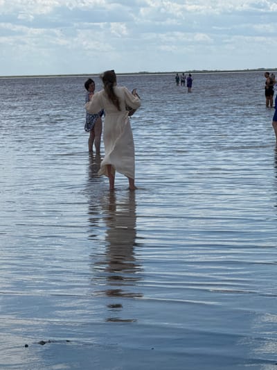 In Bursol', Russia, a group of people are wading in shallow, murky water, possibly a salt lake. The water is reflecting the overcast sky and the figures of the people. In the foreground, a person in a long, cream-colored dress stands facing away from the camera, with their back to the viewer. To their left, another person in a patterned blue and white dress is also in the water. In the middle ground, several more individuals are visible further out in the water, appearing to be standing or walking. The horizon line is visible in the distance, separating the water from a strip of land and the sky. The sky is filled with clouds, suggesting a partly cloudy day. The overall impression is one of a recreational outing in a natural aquatic environment.