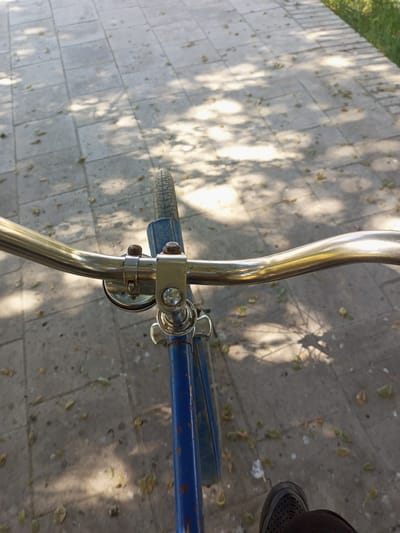 This is a first-person perspective image taken while sitting on a bicycle. The handlebars, a portion of the front wheel, and the blue frame of the bicycle are visible. The bicycle is on a paved pathway composed of square concrete tiles, scattered with fallen leaves. Sunlight filters through trees, casting dappled shadows on the ground. The background shows a strip of green grass along the edge of the pathway. The scene appears to be outdoors in a park or along a tree-lined street, possibly in the city of Shar-Bakr, Uzbekistan, given the tiled pathway and foliage. The image captures a moment of stillness, with no people actively engaged in any action other than the implied presence of the cyclist.