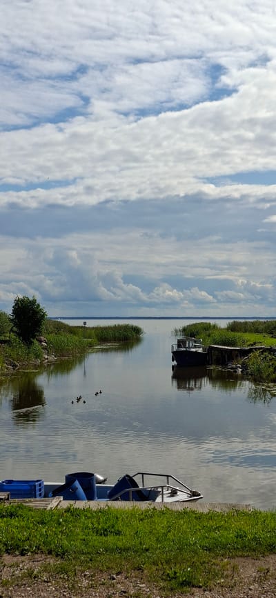 The image depicts a serene waterfront scene in Valma, Estonia, under a cloudy sky. In the foreground, a small pedal boat with blue accessories and metal railings rests on a wooden dock adjacent to a grassy bank. The water is calm, reflecting the sky and surrounding greenery. A flock of ducks navigates the water further out. In the middle ground, a small dark blue boat is moored to a wooden pier. The banks of the waterway are lined with tall reeds and lush green vegetation, with a single tree to the left. The background shows a wide expanse of calm water stretching towards the horizon, where it meets a faint treeline under a sky filled with dramatic, layered clouds.