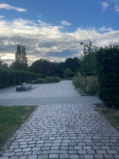 The image displays a park pathway made of cobblestones, curving into the distance. To the right, the path is bordered by a strip of green grass. Trees and lush greenery line the left side of the pathway, with a street lamp visible amidst the foliage. In the background, a statue or sculpture can be seen within the park. The sky above is a mix of blue and dramatic, streaked clouds, suggesting either early morning or late afternoon. The overall mood is peaceful and serene, evoking a sense of quiet contemplation in a natural setting. There is no visible text in the image.