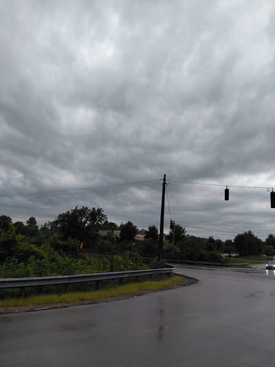 The image captures a cloudy day scene on a wet road, possibly after rain. In the foreground, a grey asphalt road curves to the right, with visible water reflections on its surface. A metal guardrail runs along the left side of the road, separating it from a grassy area and dense green foliage. Overhead, power lines are strung across the frame, supported by a utility pole on the left. Traffic lights are suspended from the power lines. In the middle ground, a line of trees and shrubs forms a natural barrier. In the background, there are hints of buildings and more trees, suggesting a suburban or semi-urban environment. A white car with its headlights on is visible on the right side of the road, moving away from the viewer. The sky is filled with heavy, grey clouds, indicating overcast weather. The image appears to be taken from a street-level perspective.