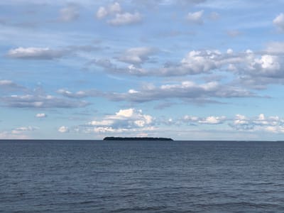 A long, thin island covered in trees is visible in the distance, surrounded by the calm, dark blue waters of Lake Simcoe under a partly cloudy blue sky. The image was captured from a shoreline in Innisfil, Canada. The island appears to be a natural preserve or undeveloped land.