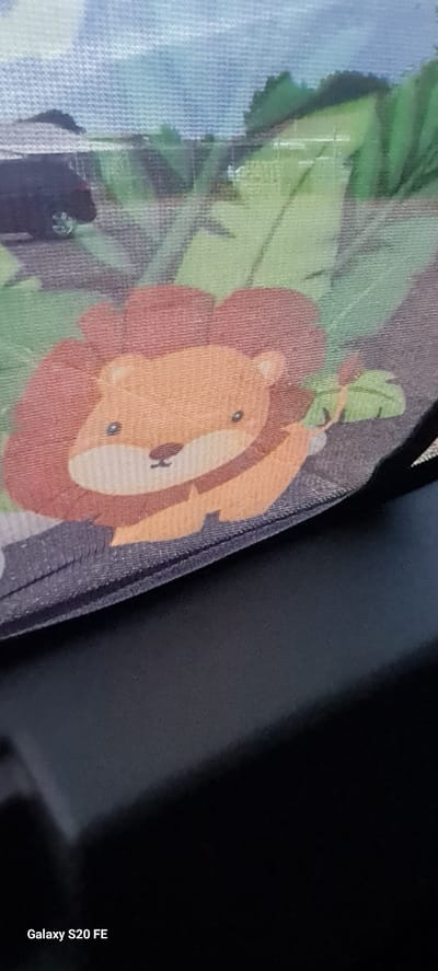 The image displays a close-up, angled view of a fabric with a cartoonish illustration of a lion's face. The lion has large, round eyes, a small nose, and a mane composed of orange and brown wavy lines. Behind the lion's head are large green leaves, also rendered in a simplified, illustrative style. To the left of the lion, a light blue area with a grid-like pattern is visible, possibly representing the sky or another element of the depicted scene. The fabric appears to be of a textured material, with the weave visible throughout the image. The overall impression is that of a children's textile, perhaps from a blanket, clothing, or decoration. The image is taken in a dimly lit setting, with the background largely black and out of focus. A small section of text, "Galaxy S20 FE," is visible vertically along the right edge of the image, indicating the device used to capture the photograph. The orientation of the image is such that the lion's face is roughly in the center, tilted slightly upwards. There is no clear indication of the time of day or weather conditions, nor any specific location cues beyond the camera model. The emotion conveyed is neutral, due to the cartoonish depiction of the animal.