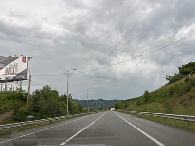 The image shows a highway in Chakvi, Georgia, under a cloudy sky. The perspective is from inside a vehicle, looking forward. The road is asphalt, with two lanes in each direction separated by white lines. A silver guardrail runs along the right side of the road, separating it from a grassy, tree-covered hillside. On the left side of the road, there is a billboard with text and images of buildings. Further down the road, there are streetlights and distant hills. A red truck is visible in the distance. The weather appears overcast, possibly indicating an impending rain shower. The overall mood is neutral, depicting a common travel scene. The text on the billboard is partially visible and appears to be in a non-English language.