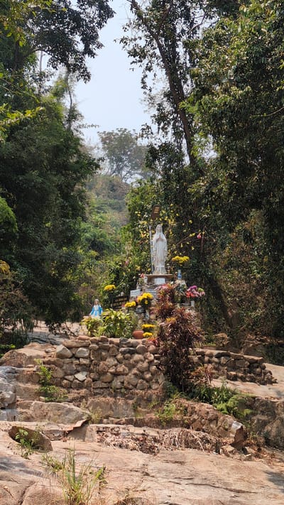 The image depicts an outdoor scene in Lâm Sơn, Vietnam, featuring a stone stairway leading up a hillside. The stairs are constructed from rough-hewn rocks and are flanked by vegetation. To the left of the stairs, there is dense foliage, including trees and shrubs. A white statue, likely religious in nature, is visible amidst the trees, adorned with flowers and signs. Along the stairway, there are additional flower arrangements and religious objects. The sky is visible in the upper left corner, and the overall impression is that of a natural, religious site in a mountainous region.