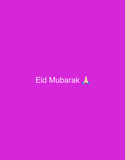 The image displays a digital graphic with a uniform magenta background. Centered on this background, white text reads "Eid Mubarak." Immediately to the right of this text, a multi-color emoji depicting two hands pressed together in a prayer or greeting gesture is visible. The graphic does not contain any visual elements that depict or define a physical location, including in Sredkovets, Bulgaria.