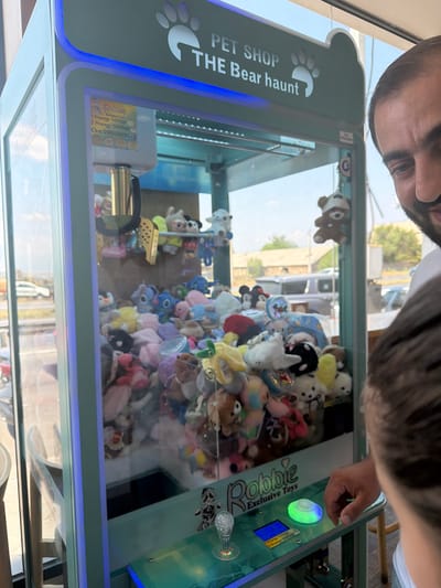 In Verin Ptghni, Armenia, a man is shown with his face partially visible on the right side of the frame, looking towards a claw machine filled with plush toys. The machine, labeled "PET SHOP THE Bear haunt," has a blue neon trim and a graphic of a paw print. On the top left of the machine, a colorful sign displays information about pricing, including "1 pound - 500t," "2 pound - 1000t," and a phone number. The claw machine's interior is packed with various stuffed animals, including a brown teddy bear hanging from the top. In the foreground, a child's head and shoulder are visible, also looking at the machine. The child's hand is reaching towards the illuminated control panel of the claw machine. The environment appears to be indoors with natural light coming from a window on the left, which shows a blurred view of cars and buildings outside.