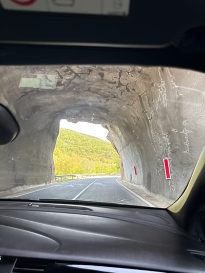 The image shows a view from inside a vehicle, likely a car, driving through a tunnel. The tunnel is constructed from rough, grey concrete and has red reflectors attached to the ceiling. The tunnel exits into a landscape with a green, foliage-covered hill. The road outside the tunnel is asphalt with a guardrail. The interior of the car is visible on the sides of the image. The image provides no information to confirm the location is Bilka, Bulgaria.